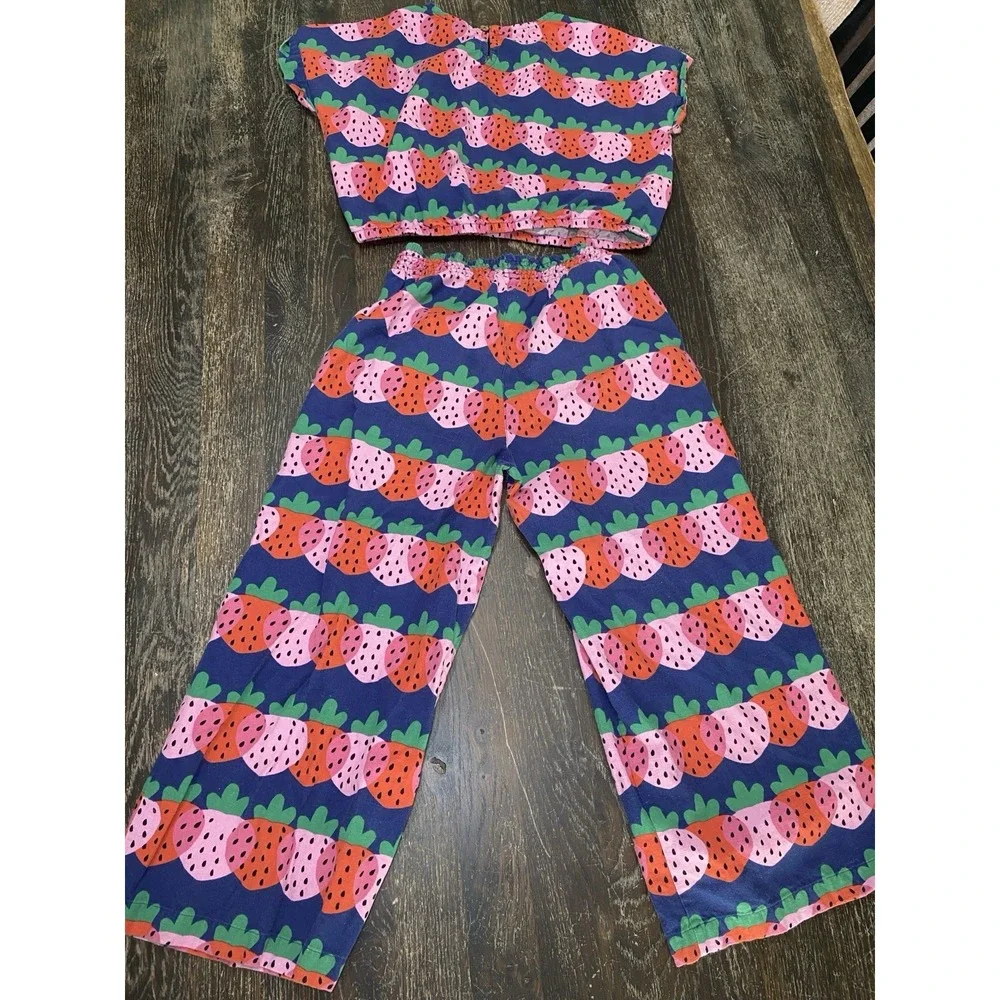 2PC Hanna Andersson Cropped Top & Wide Leg Pant Set Strawberry 12